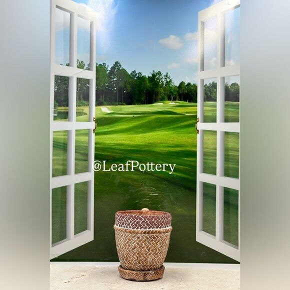 Brown Rattan Mug Stone Planter Pot with Saucer Included - Picture 4 of 10